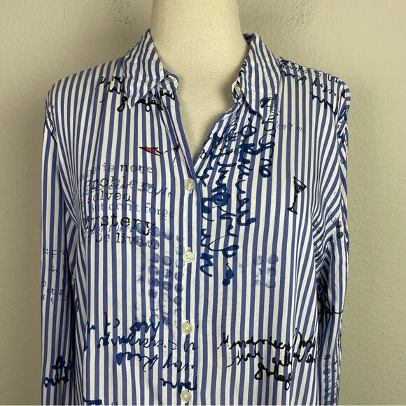 Chico's Blue White Stripe Graphic Long Sleeve Button Top 2 - Picture 2 of 7